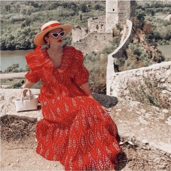 Zara Dresses & Skirts - ZARA DRESS WITH CUTWORK EMBROIDERY PUFF SLEEVES MIDI RED